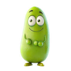 Cheerful green character with big eyes and friendly smile poses playfully in a vivid, colorful environment