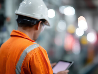Worker in orange uniform using tablet for maintenance in industrial setting