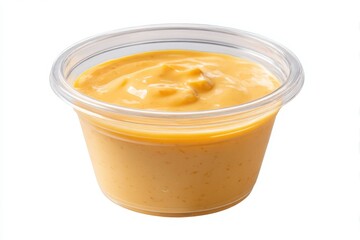 A clear plastic cup filled with creamy orange dipping sauce isolated on a clean white background perfect for takeout visuals