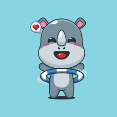 Cute rhino cartoon vector illustration playing hula hoop
