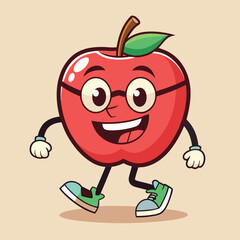 Groovy apple mascot. Funky retro character. cartoon apple, smiling, walking. Funny vintage trendy style character. Doodle Comic collection 