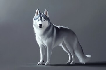 Photorealistic image of a Siberian Husky with icy blue eyes, well-defined muscular body
