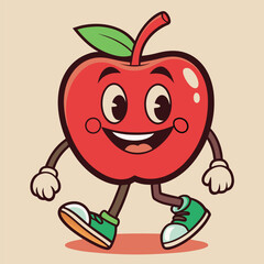 Groovy apple mascot. Funky retro character. cartoon apple, smiling, walking. Funny vintage trendy style character. Doodle Comic collection 