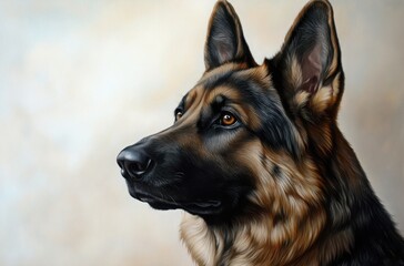 Photorealistic portrait of a German Shepherd dog, sturdy build, glossy dark fur