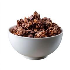 Chocolate granola with oats and cocoa clusters in white bowl isolated on transparent background. isolated white background