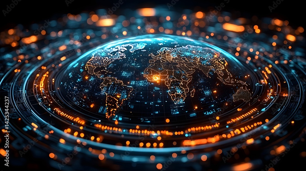 Poster a futuristic holographic globe displaying global data points