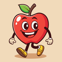 Groovy apple mascot. Funky retro character. cartoon apple, smiling, walking. Funny vintage trendy style character. Doodle Comic collection 
