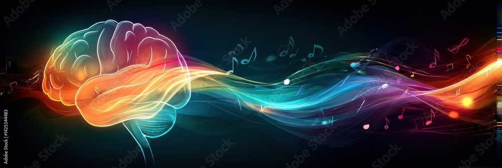 Poster bright brain icon flows with vibrant light and music notes to create a joyful atmosphere