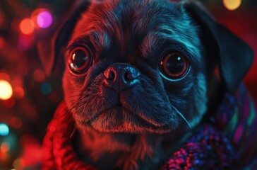 Photorealistic portrait of a muscular Pug, shiny fur, soulful eyes