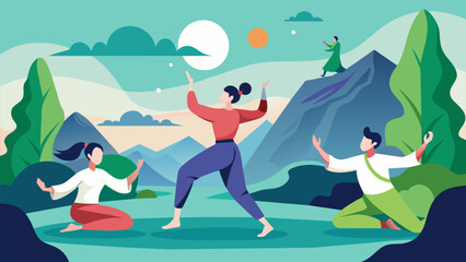 A peaceful setting in nature where participants practice slow and deliberate movements to improve flexibility and calm the mind.. Vector illustration