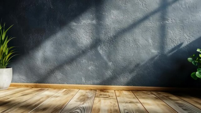 Sunlight across wooden floor. Houseplant on each side of a textured grey wall