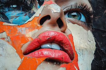 Abstract Collage Face. This abstract artwork features a striking collage of a woman's face with peeling layers, combining color, texture, and emotion.