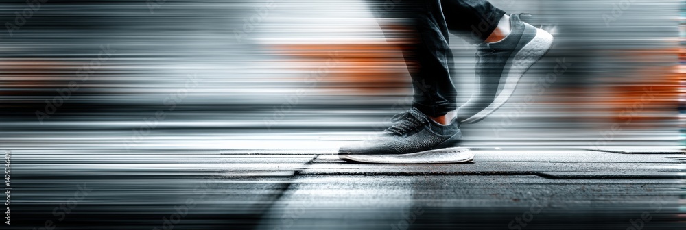 Poster feet pounding pavement in motion showcasing urban running at dusk with a slow shutter effect