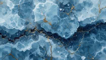 Abstract blue and gold marbled texture with fluid patterns.