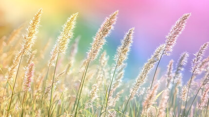 Fototapeta premium summer morning scene featuring blades of grass with a vibrant rainbow bokeh effect behind them 