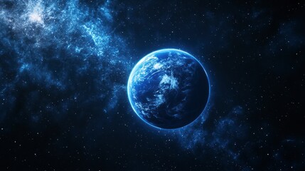 A vibrant blue planet floats in a cosmic nebula, surrounded by bright stars and glowing gas clouds.