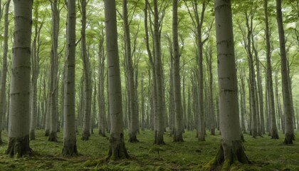 Fototapeta premium Tranquil Forest with Towering Trees and Lush Green Canopy Under Bright Sunlight in Majestic Nature Landscape