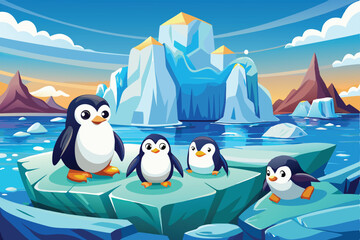 Obraz premium Cartoon Penguins Standing Icebergs with Antarctica Landscape Background