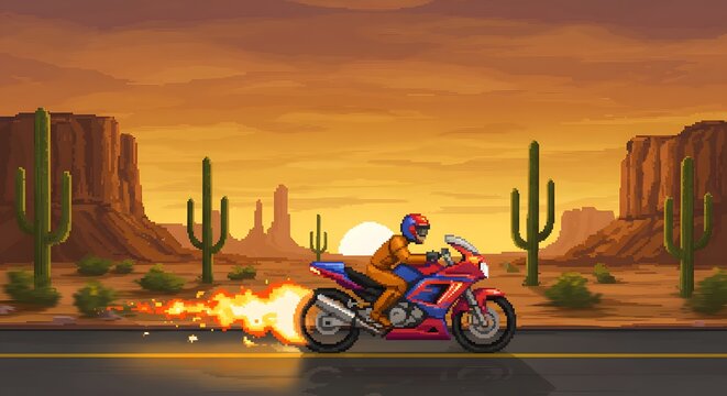 Pixel Art Desert Motorcycle Ride: Sunset Blaze Across Monument Valley - Powered by Adobe