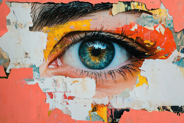 Collage of an Eye: Abstract Art. A creative collage featuring a close-up of an eye with vibrant colors and textured elements, creating an abstract piece of art.