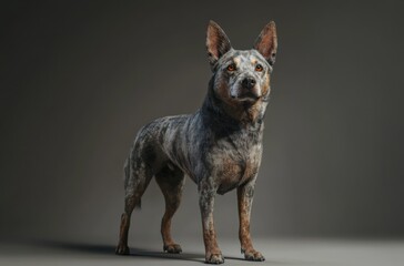 Photorealistic studio shot of a powerful Australian Cattle Dog with a beautifully patterned coat