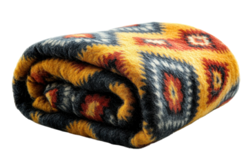 A richly textured hand woven wool blanket showcasing a vibrant geometric pattern in warm gold deep navy and rusty red hues rolled for on transparent background