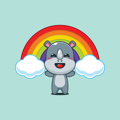 Cute rhino cartoon vector illustration with rainbow