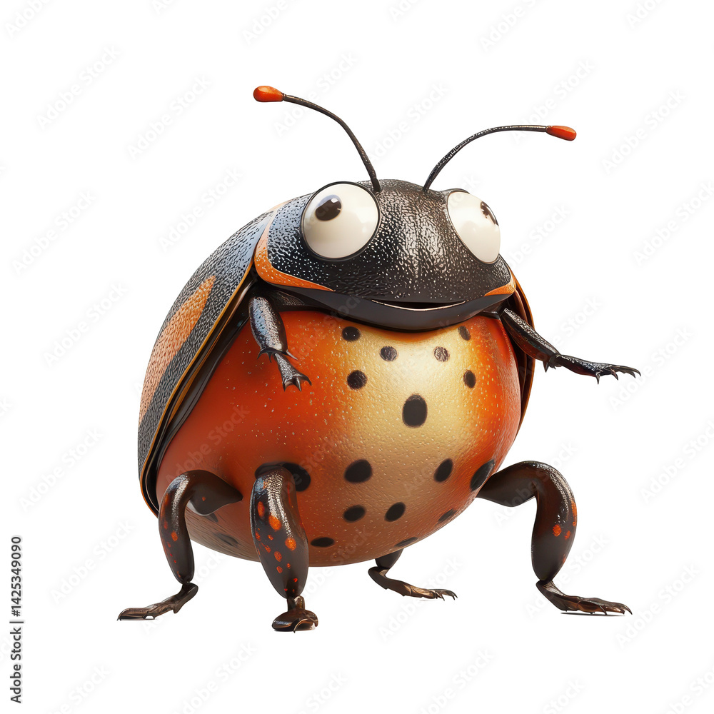 Poster cute and colorful cartoon ladybug character striking a playful pose in a studio setting with bright 