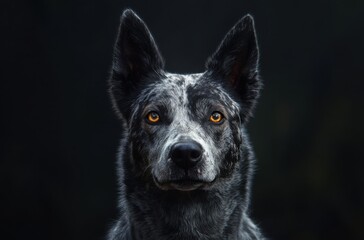 Photorealistic studio shot of a powerful Australian Cattle Dog with a beautifully patterned coat