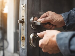 Secure wooden door with a person unlocking it with a key, symbolizing safety and access. Ideal for security services, home protection, locksmith services, and real estate.
