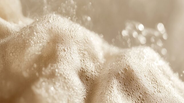 Macro close up of a water bubble cleaning fabric fibers in a realistic photo capture