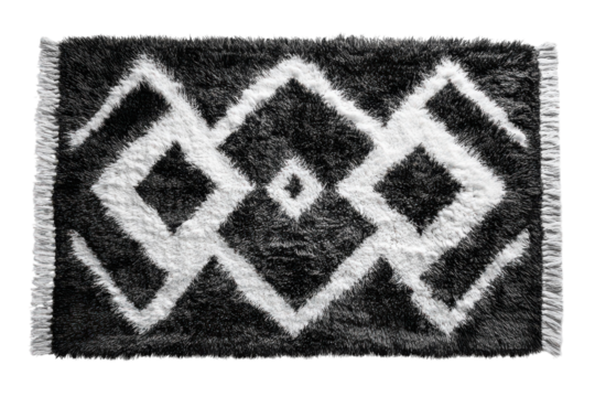 Stylish black and white shaggy rug with geometric pattern ideal for modern home decor adding texture and visual interest to any room Studio on transparent background