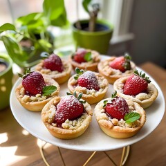 a plate of beautifully decorated mini strawberry tarts, presented in a golden-brown muffin-sized crust, topped with crumbled dough, powdered sugar