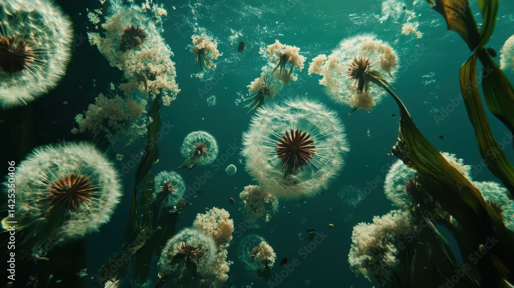 Aufkleber underwater dandelion display in a deep sea environment.