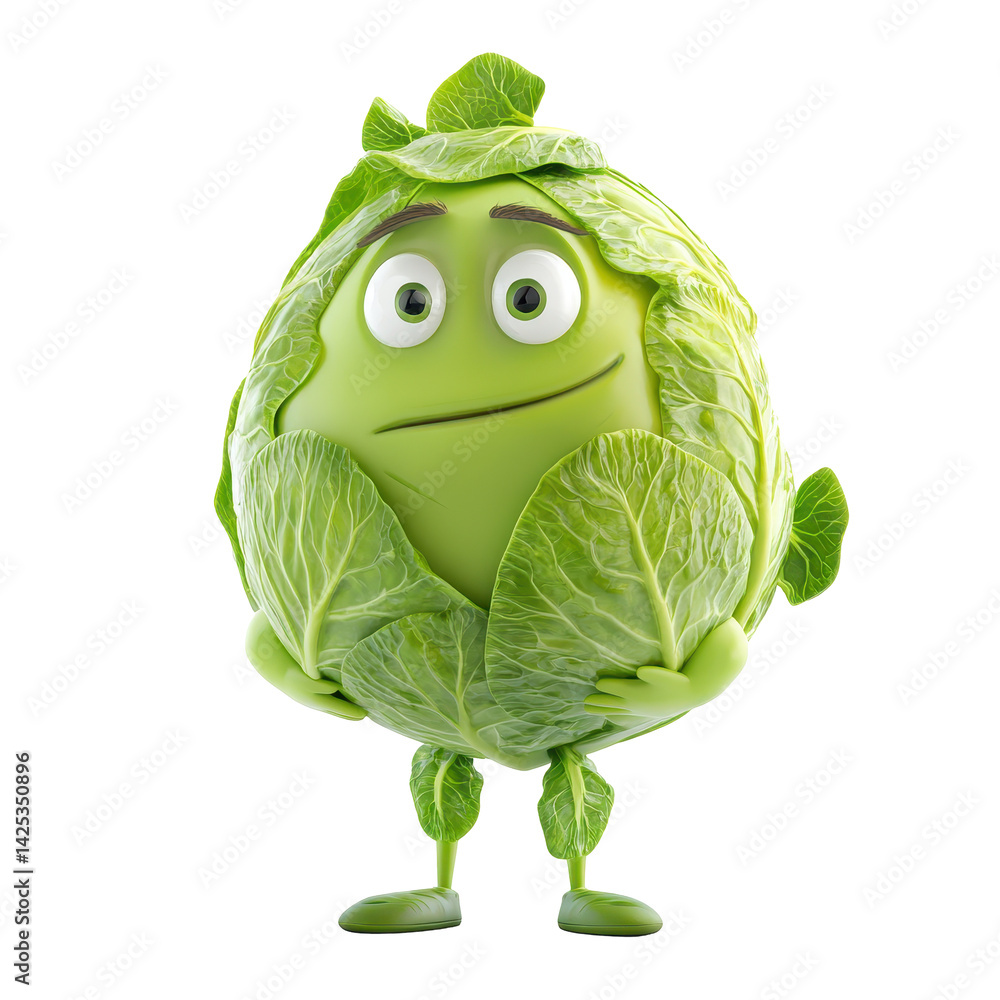 Poster green animated character resembling a cabbage displays a friendly expression and playful posture in 
