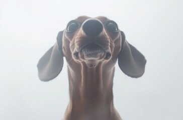 Professional close-up shot of a strong Dachshund standing proudly in a white studio environment