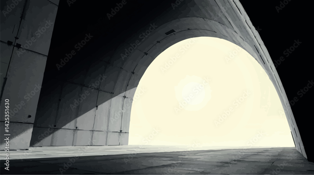 Aufkleber minimal brutalist arch. vector monument-inspired design with cold negative space and single curve.