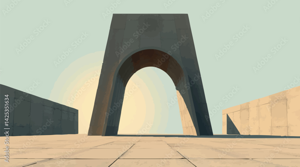 Poster minimal brutalist arch. vector monument-inspired design with cold negative space and single curve.