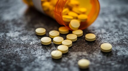 Yellow Tablets Spilled from Prescription Bottle on a Rustic Surface