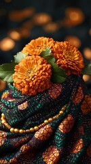 Vibrant kente cloth with golden beads and marigolds, celebrating African Liberation Day with warmth and intricate beauty.