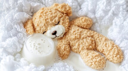 A light brown teddy bear sleeps in spilled milk.
