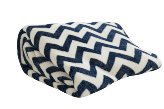 Cozy navy and cream chevron fleece throw blanket perfectly folded showcasing its soft texture and intricate zig zag pattern against a black on transparent background