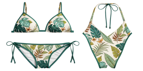Tropical Bikini Set: Showcasing a vibrant bikini set with tropical leaf patterns, offering a glimpse of summer style and vacation vibes.