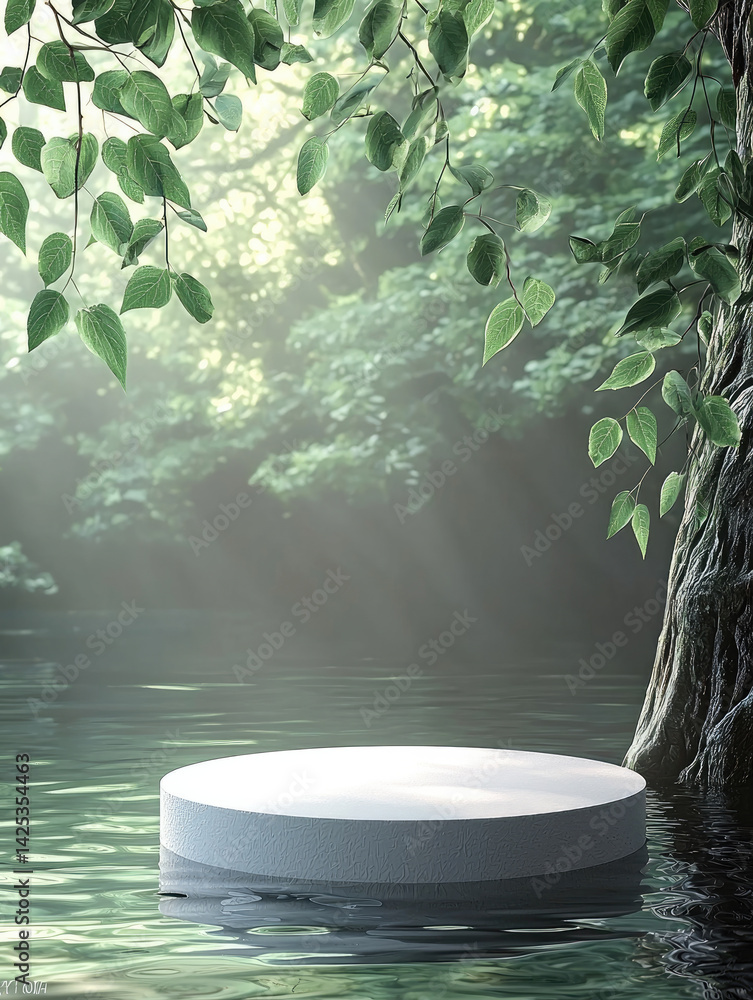 Poster serene white podium surrounded by lush greenery and calm water, creating tranquil atmosphere perfect for presentations or displays. soft light enhances peaceful setting