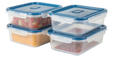 Food Preservation: A set of transparent, stackable food storage containers with blue lids and secure latches, filled with colorful ingredients, offers a practical and organized solution for kitchen.