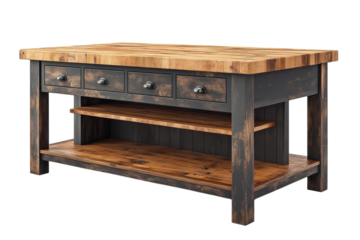 Rustic Farmhouse Kitchen Island A charming handcrafted butcher block kitchen island with four drawers open shelving and a on transparent background
