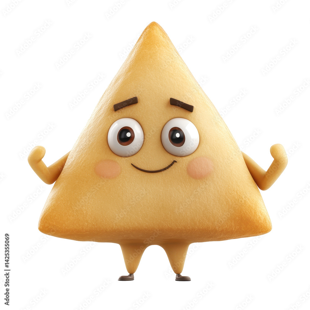Poster cute cartoon character shaped like a triangular cheese slice with a happy expression and arms