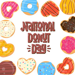 National Donut Day Text. Donuts Square Frame. Sweet Cookies Background. Doughnut Dessert Border.