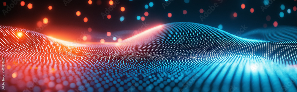 Poster abstract landscape of blue and orange dots with bokeh lights floating in the background above it