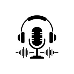 Microphone with Headphones and Waveform for Podcast and Audio Recording